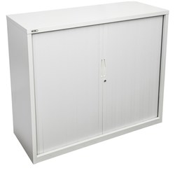 Go Steel Tambour Door Storage Cupboard Includes 2 Shelves 1016Hx1200Wx473mmD White