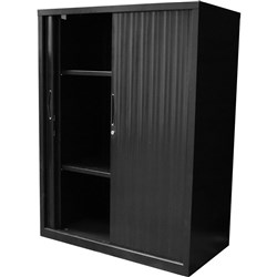 Go Steel Tambour Door Storage Cupboard Includes 2 Shelves 1200Hx1200Wx473mmD Black