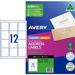 Avery Premium Address Labels White Laser Inkjet AveryEco L7164 63.5x72mm 12UP 600 Lab