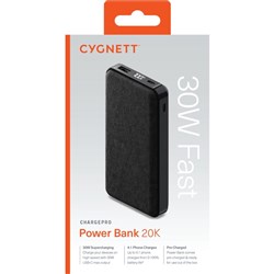 Cygnett ChargePro 30W 20K mAh Power Bank USB-A And USB-C 3 Ports Graphite