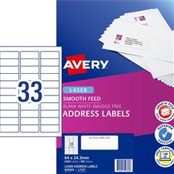 AVERY L7517 SMOOTH FEED LABEL Laser 33L/Sht Address 64x24.3mm Box 100 Sheets