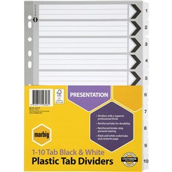 A4 BLACK & WHITE 1-10 TAB DIVIDERS SET