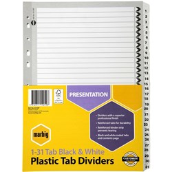 A4 BLACK & WHITE 1-31 TAB DIVIDERS SET