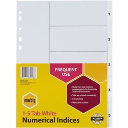 MARBIG POLYPROPYLENE INDICES DIVIDERS 1-5 A4 WHITE SET