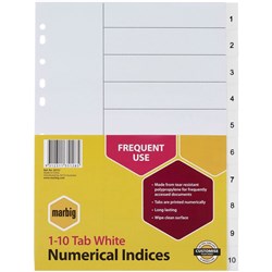 MARBIG POLYPROPYLENE INDICES - NUMERICAL 1-10 A4 White SET