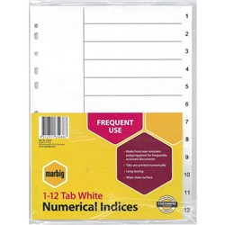 MARBIG POLYPROPYLENE INDICES - NUMERICAL 1-12 A4 White