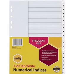 MARBIG POLYPROPYLENE INDICES - NUMERICAL 1-20 A4 White