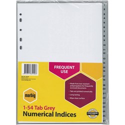 MARBIG POLYPROPYLENE INDICES - NUMERICAL 1-54 A4 Grey (6215)