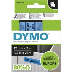 DYMO D1 LABELLING TAPE CASSETTES 12mmx7m Black on Blue Tape (SD45016)