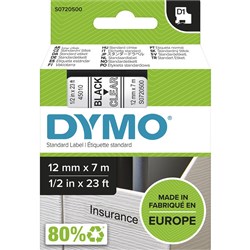 DYMO D1 LABELLING TAPE CASSETTES 12mmx7m Black on Clear Tape (SD45010)