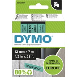 DYMO D1 LABELLING TAPE CASSETTES 12mmx7m Black on Green Tape (SD45019)