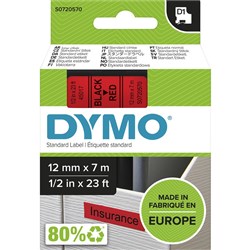 DYMO D1 LABELLING TAPE CASSETTES 12mmx7m Black on Red Tape