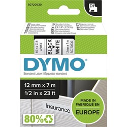 DYMO D1 LABELLING TAPE CASSETTES 12mmx7m Black on White Tape (S0720530 45013)