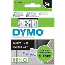 DYMO D1 LABELLING TAPE CASSETTES 12mmx7m Blue on White Tape