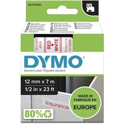 DYMO D1 LABELLING TAPE CASSETTES 12mmx7m Red on White Tape