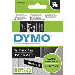 DYMO D1 LABELLING TAPE CASSETTES 12mmx7m White on Black Tape (SD45021)