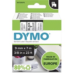 DYMO D1 LABELLING TAPE CASSETTES 9mmx7m Black on Clear Tape