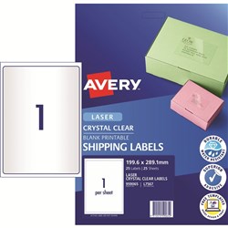AVERY CLEAR LASER LABELS L7567 1UP 199.6x289.1mm PK25