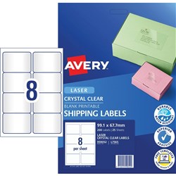 AVERY CLEAR LASER LABELS L7565 8UP 99.1x67.7mm 25SHTS 200 LABELS P/PACK