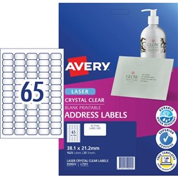 AVERY CLEAR LASER LABELS L7551 65UP 38.1x21.2mm PK25
