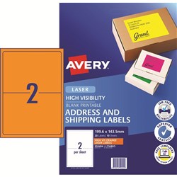 AVERY L7168FO LASER LABELS 2/Sht 199.6x43.5mm Fluoro Orange Pack of 10