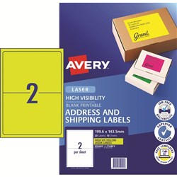 AVERY L7168FY LASER LABELS 2/Sht 199.6x43.5mm Fluoro Yellow Pack of 10