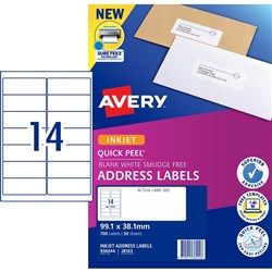 AVERY INKJET LABELS J8163 14 L/P/Sht 99.1x38.1mm Address