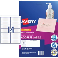 AVERY CLEAR INKJET LABELS J8563 14 L/P/Sht 99.1x38.1mm Address PK25 FROSTED CLEAR