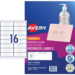 AVERY CLEAR INKJET LABELS J8562 16 L/P/Sht 99.1x34mm Address - MIN BUY OF 5