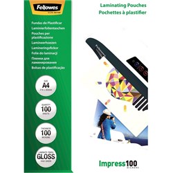 Fellowes Laminating Pouches Gloss A4 100 Micron Pack 100