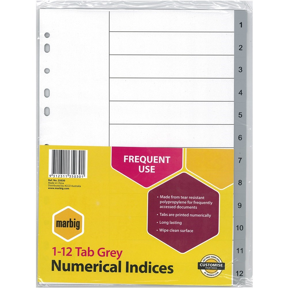 Dividers - MARBIG POLYPROPYLENE INDICES - NUMERICAL 1-12 A4 Grey ...